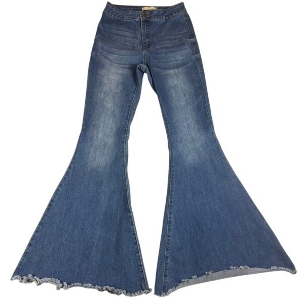 Turquoise Haven Womens Small Blue Flare Bell Bottom High Rise Raw Hem Distressed